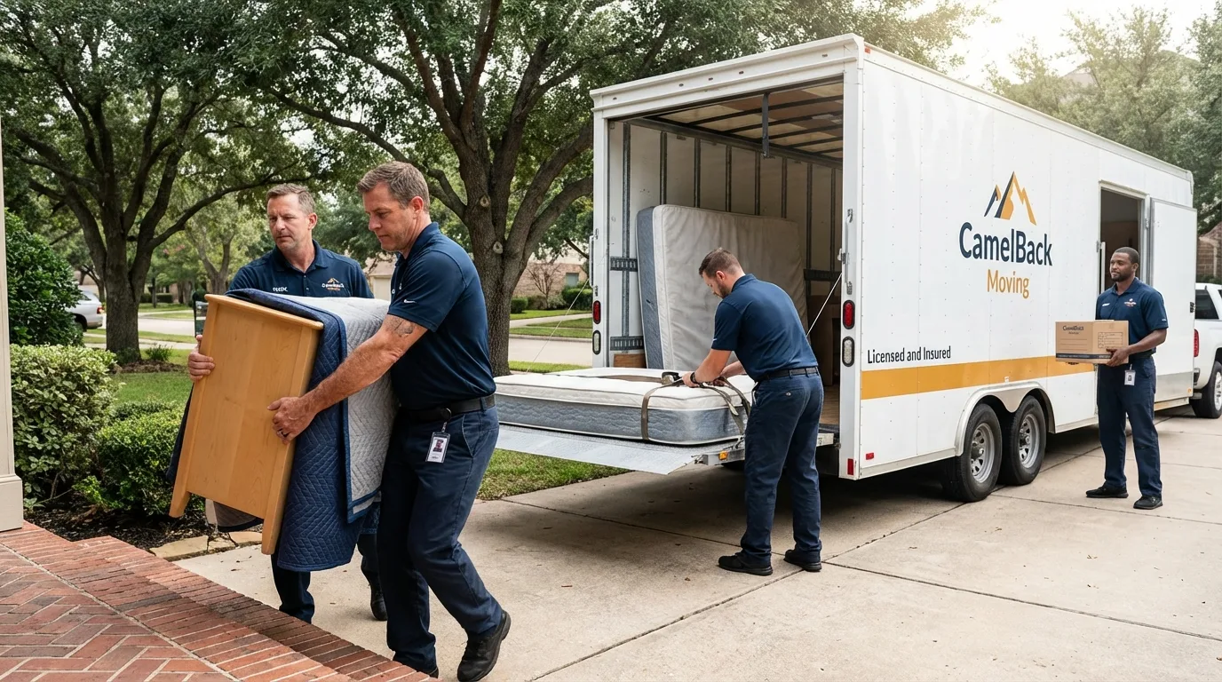 Crew loading residential truck for cross-state move from Delphi, IN
