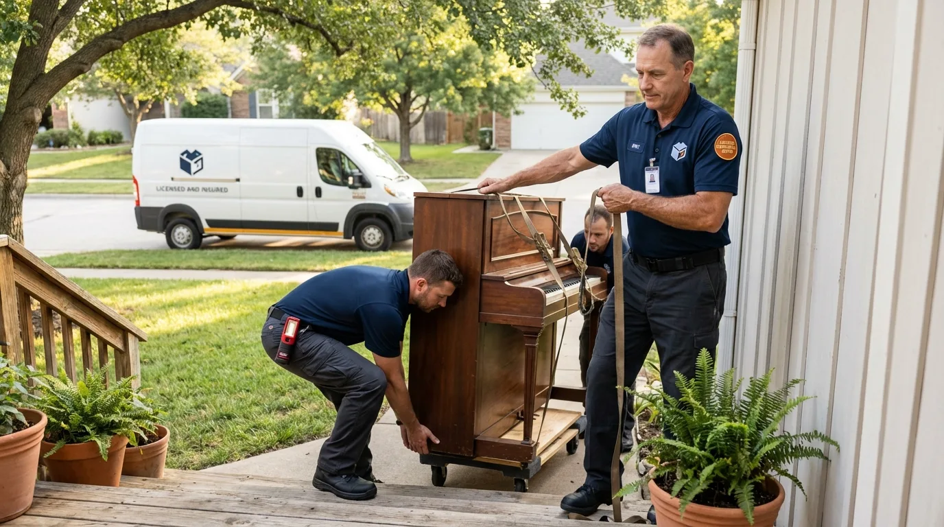 Licensed piano movers securing grand piano in Delphi, IN