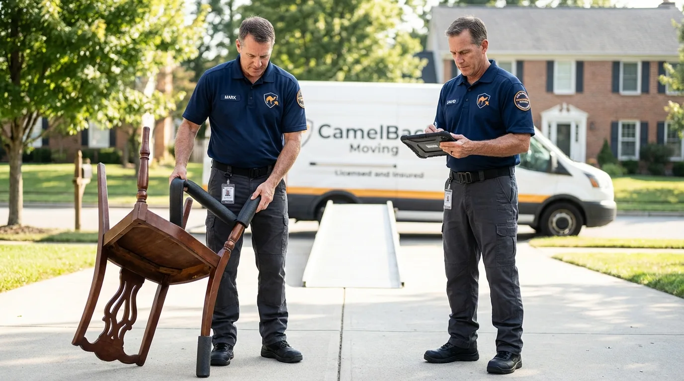 Movers inspecting furniture for damage prevention before loading in Delphi, IN