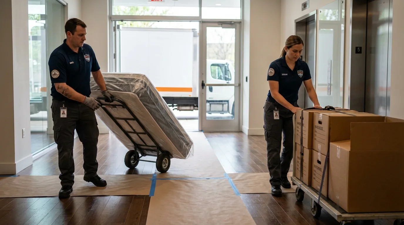 Professional apartment movers loading elevator in Delphi, IN
